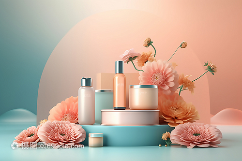 藍(lán)色展臺上的護(hù)膚品數(shù)字藝術(shù) 科技與美學(xué)的交融